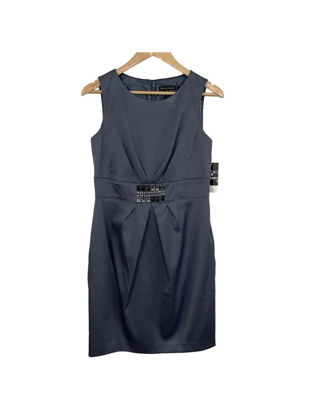 Sandra Darren Sheath Dress Sz 8 Dark Grey Matte Satin Beaded Gems Cocktail Party
